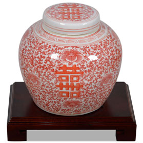 Red and White Porcelain Chinese Double Happiness Jar