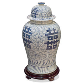 Blue and White Porcelain Double Happiness Chinese Ginger Jar