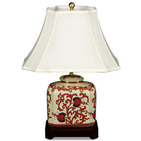 Red and Gold Floral Vine Motif Rectangular Asian Porcelain Jar Lamp