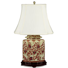 Red and Gold Floral Vine Motif Asian Porcelain Lamp