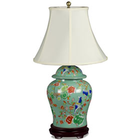 Light Teal Green Flower and Bird Motif Asian Porcelain Lamp