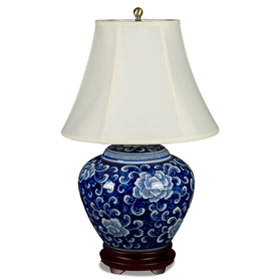 Blue and White Peony Motif Asian Porcelain Lamp