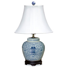 Blue and White Double Happiness Asian Porcelain Lamp