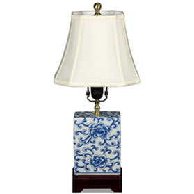 Blue and White Peony Motif Rectangular Asian Porcelain Lamp