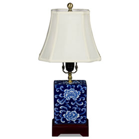 Dark Blue and White Peony Motif Rectangular Asian Porcelain Lamp