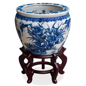 12 Inch Blue and White Porcelain Canton Chinese Fishbowl Planter