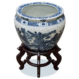 12 Inch Blue Canton Porcelain Chinese Fishbowl Planter