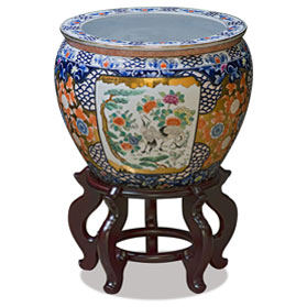 14 Inch Crane and Chrysanthemum Motif Chinese Fishbowl Planter