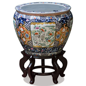 16 Inch Crane and Chrysanthemum Motif Chinese Fishbowl Planter