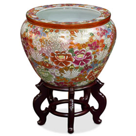 15 Inch Hand Painted Hanazume Japanese Thousand Flower Porcelain Fishbowl Planter