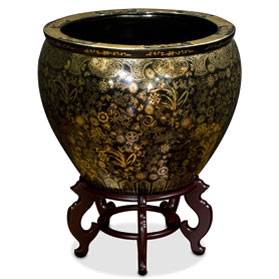 22.5 Inch Black and Gold Floral Design Chinese Fishbowl Planter