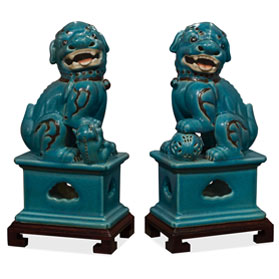 Blue Peking Temple Foo Dog Oriental Figurine Set