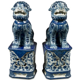 Blue and White Canton Porcelain Chinese Foo Dogs Set