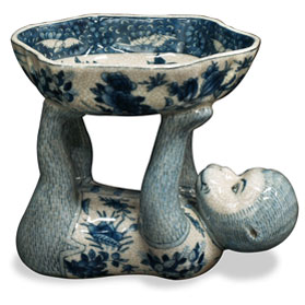 Blue and White Chinese Porcelain Monkey Holding Lotus Dish