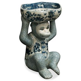 Blue and White Chinese Porcelain Monkey Holding Lotus Dish